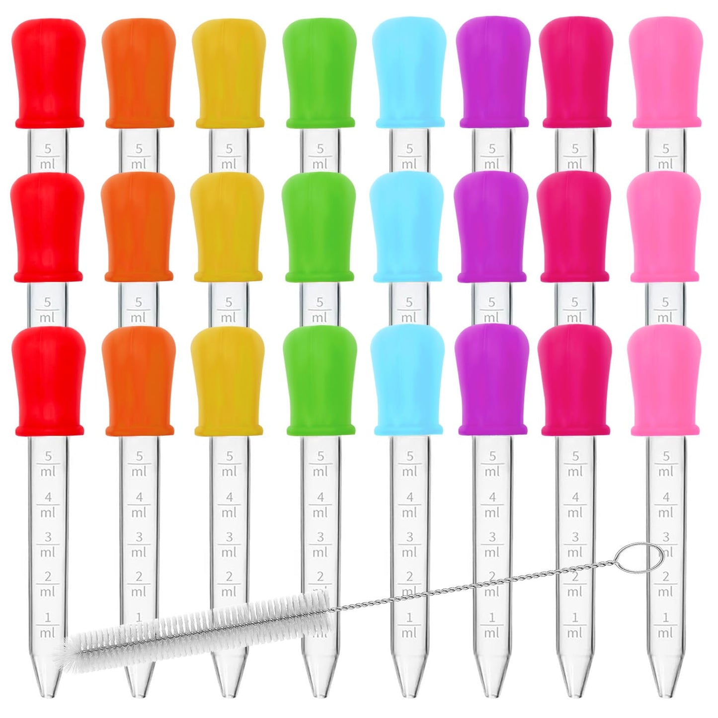 YLMUSU 24 Pack Liquid Droppers with a Clean Brush, 5ML 8 Colors Silicone and Plastic Pipettes with Bulb Tip, Medicine Eye Dropper for Kids Crafts/Candy Mold/Gummy Bear Maker/Oil