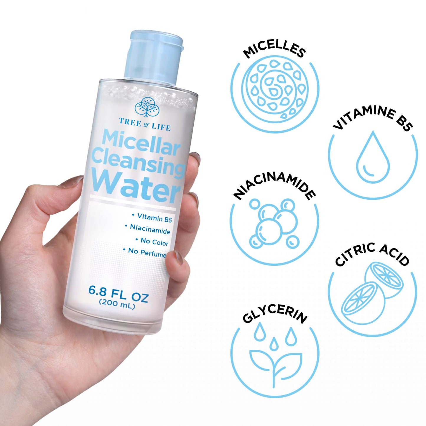 Tree of Life Beauty Micellar Cleansing Water (6.8fl oz) - Micellar Water Makeup Remover with Niacinamide, Vitamin B5, Glycerin -