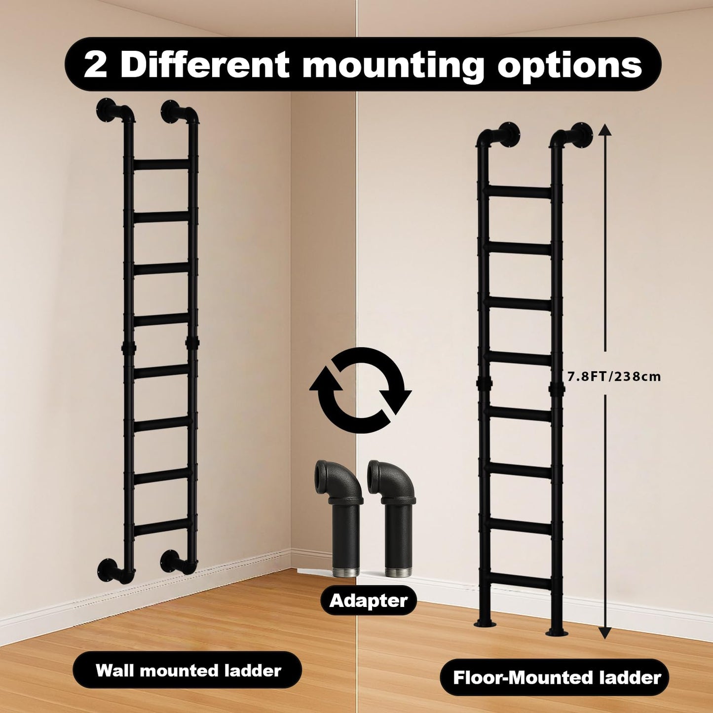 8-Rung Wall Mounted Ladder, Heavy-Duty Metal 8FT Egress Window & Loft Ladder for Basement, Attic Bunk Bed, Fire Escape - 355LBS Load, Matte Black