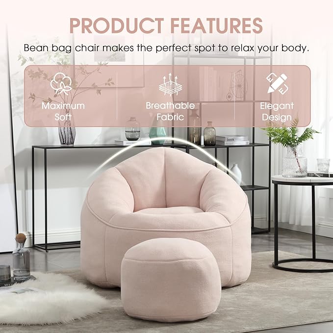 Sudwesto Bean Bag Chair for Adult, Microfiber Upholstered Bean Bag Sofa with Petal Back, Shell-Shaped Beanbag Chair with Footstool, Memory Foam Stuffed Lazy Sofa for Living Room, Bedroom (Pink)