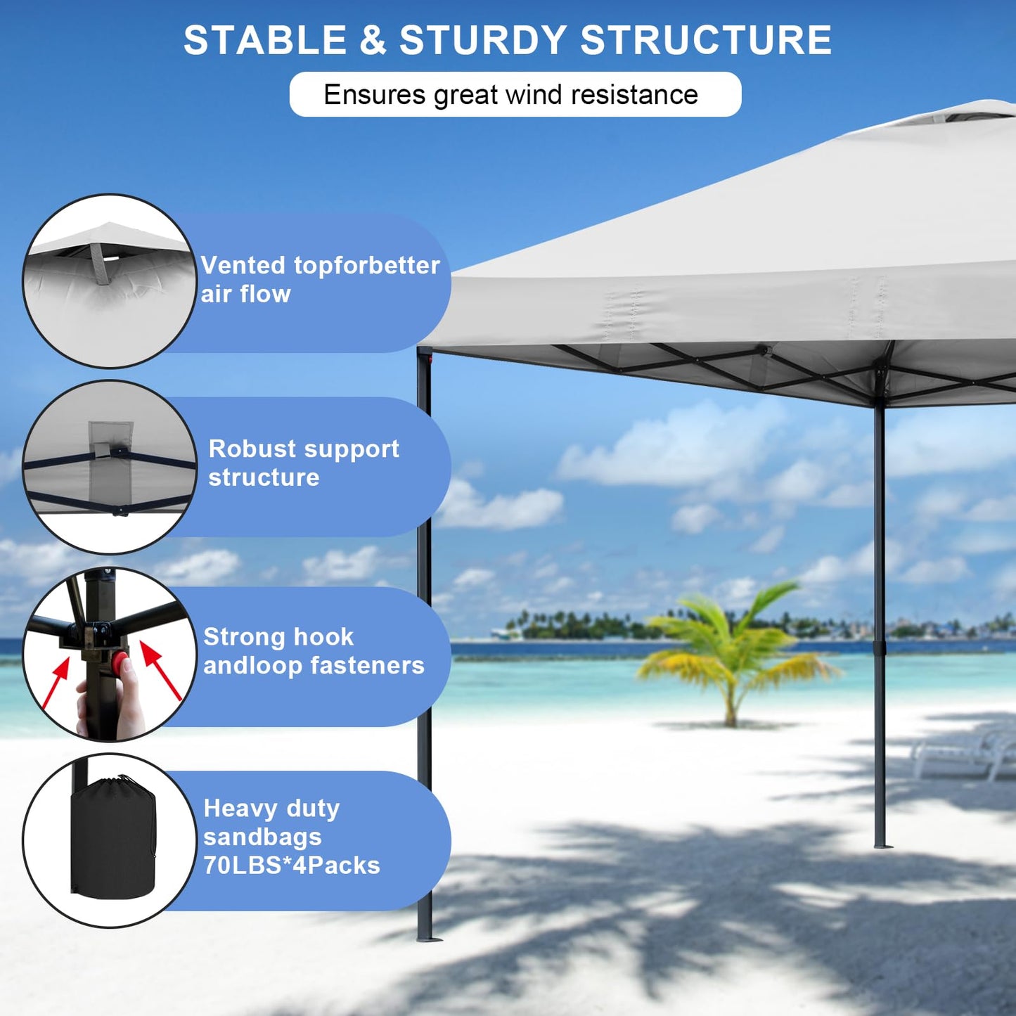 KAMPKEEPER 10x10 Pop Up Canopy Tent with 2 Sidewalls, Beach Tent - Easy Outdoor Sun Shade for Events, Parties, Camping - Gazebo with 4 Weight Bags & Carry Bag.（White）