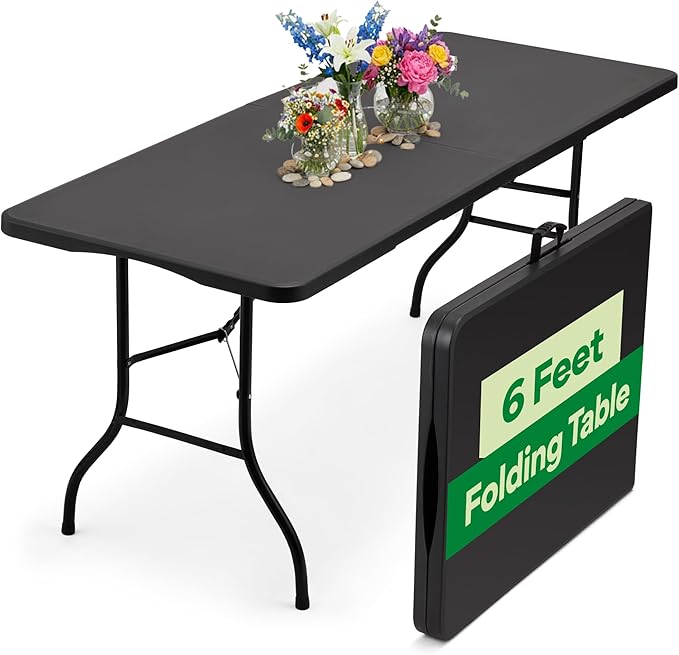 EconoHome Black 6ft Folding Table with Handle | Heavy-Duty Foldable Table | Portable Table for Indoor & Outdoor Use | Perf...