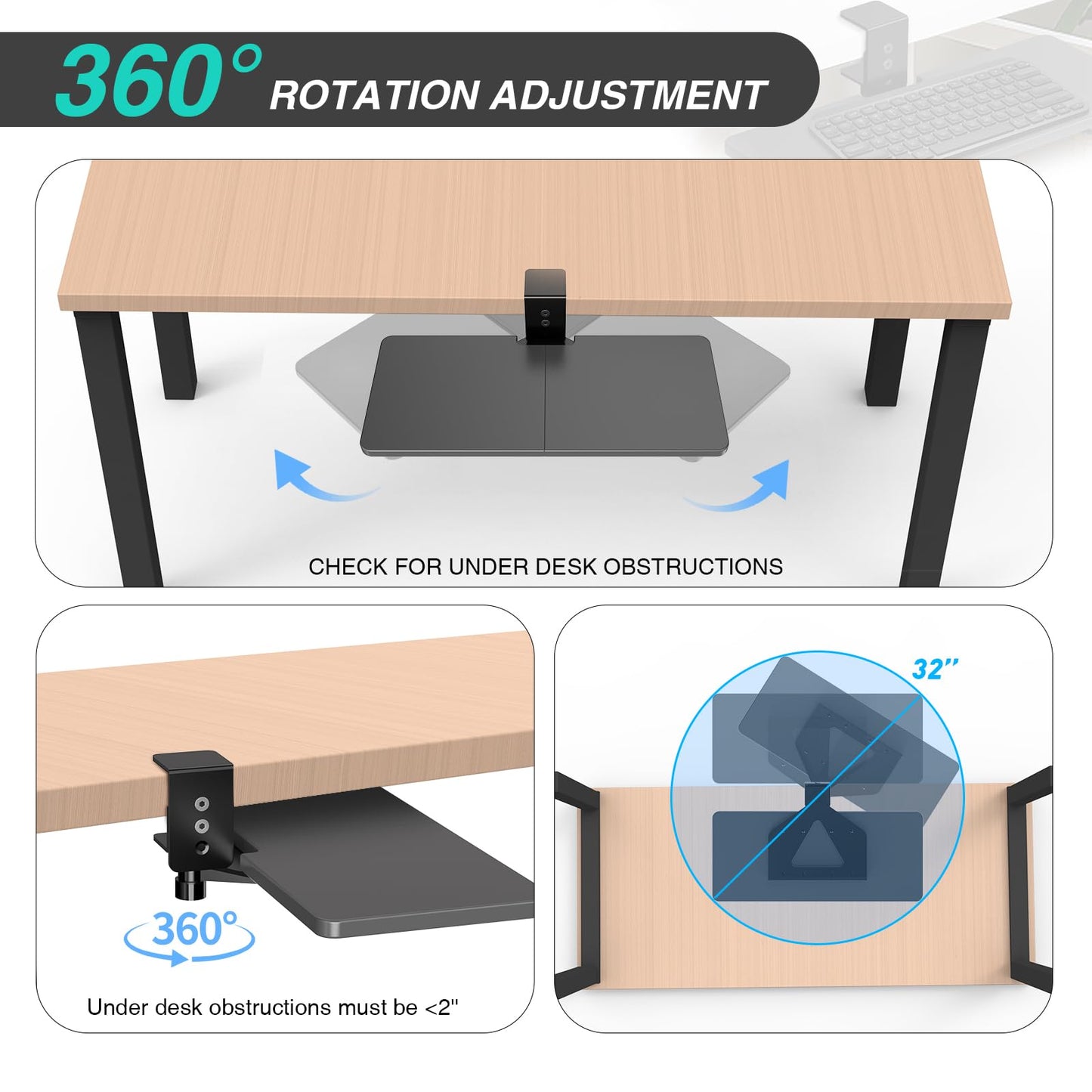 Large Under Desk Rotatable Computer Keyboard and Mouse Tray, Extra Sturdy Desk Swivel Clamp, Ergonomic Keyboard & Mouse Tray for Typing in Home, Office Work, 23 x 10 Inch - Black