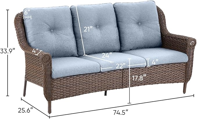 ACTREST Patio Couch Outdoor Wicker Sofa - Heavy Duty All-Weather Brown Rattan 3-Seater with High Back and Comfortable Thick Cushions for Garden Back Porch Poolside Apartment - Baby Blue