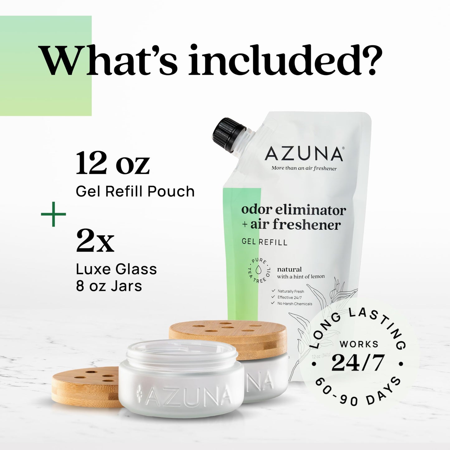 Azuna Air Freshener & Odor Eliminator for Strong Odor | 2 Room Kit Includes (2) 8 oz. Empty Luxe Glass Jars & 12 oz | Refill with Tea Tree Essential Oil Gel | Natural Scent | Last 60-90 Days