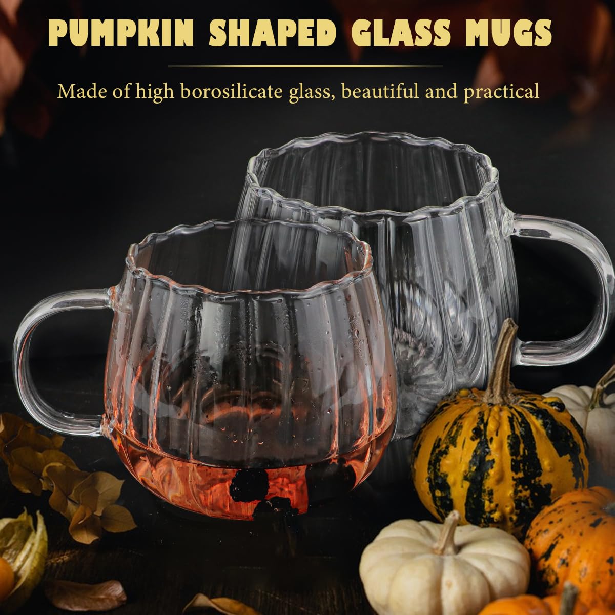 LNQ LUNIQI 2Pcs Glass Cups With Handle Pumpkin Shaped Transparent Coffee Cups 350ml Drinking Cups Clear Glass Water Cups for Home School Office Table Centerpieces Housewarming Holiday Party Present