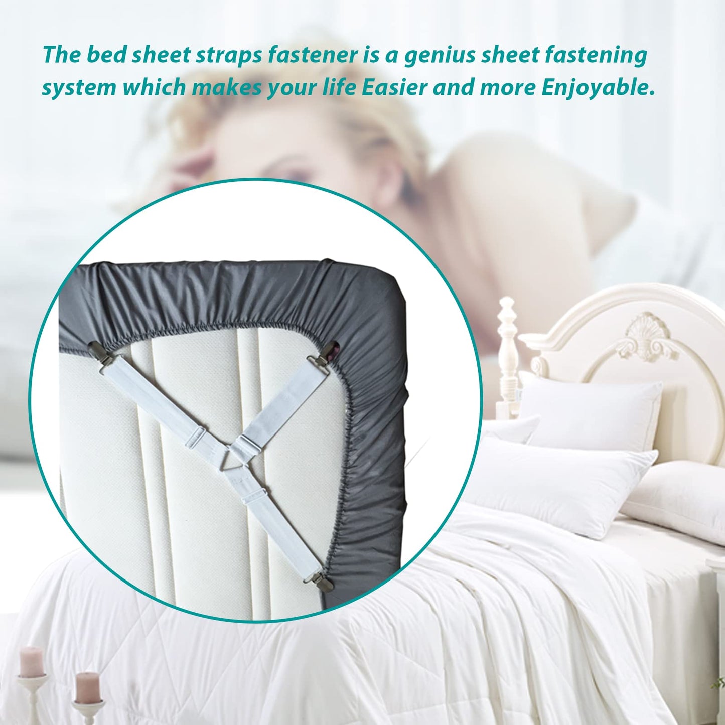 Bed Sheet Fasteners, Adjustable Mattress Suspenders, Mattress Cover Straps, Bed Corner Holder and Keepers and the Bed Sheet Grippers Clips (Triangle White Set of 4)