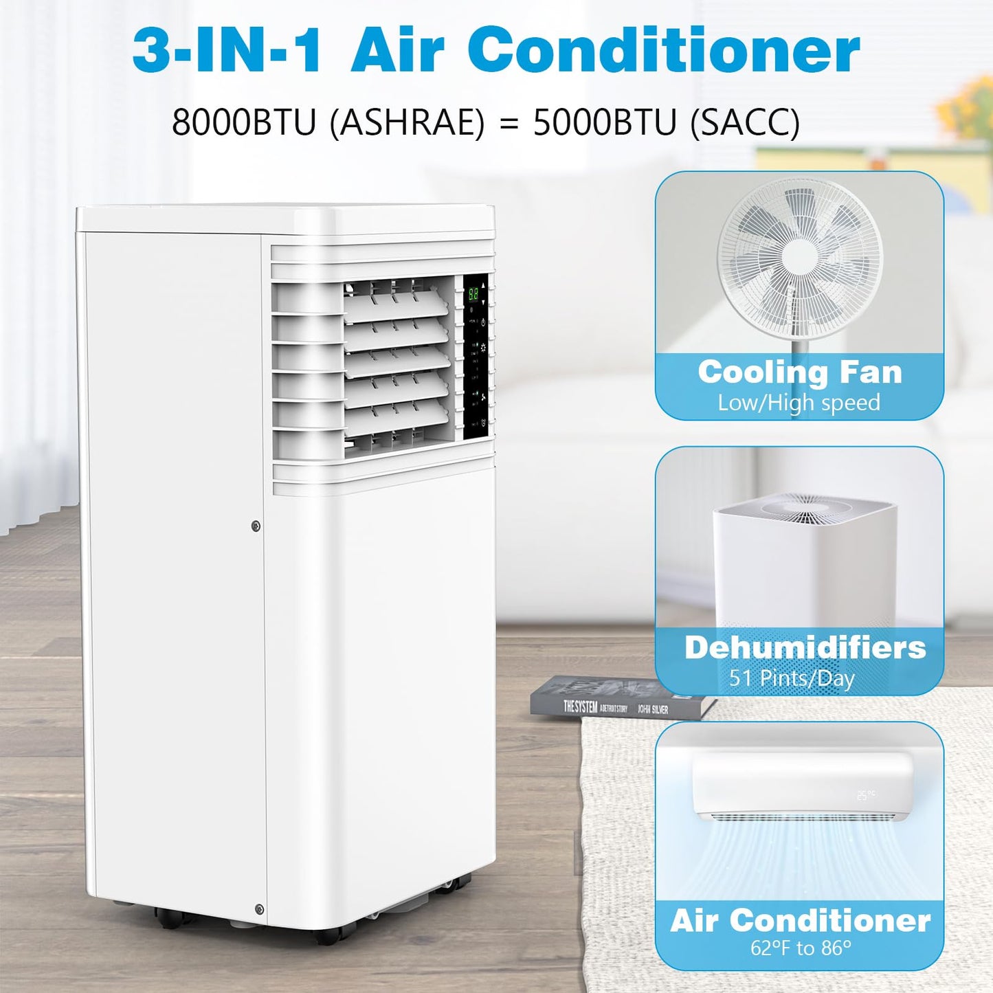 Antarctic Star Portable Air Conditioners 8,000 BTU, Small Portable AC with Cooling, Fan, Dehumidifier Function, 24H Timer, Cooling up to 350 Sq.Ft. Window Kit Panel, 62ºF and 86ºF Temperature Range