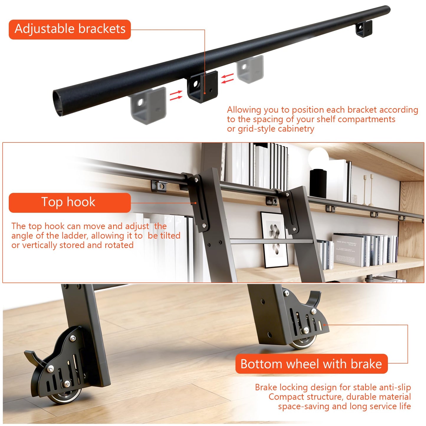 DIYHD 96" Sliding Library Ladder with 8 Steps, Telescopic Top Hook, Lightweight Rolling Ladder with Upright Space-Saving Storage, Kit with 4FT Sliding Rail, Bottom Rollers, 300lbs Capacity, Black