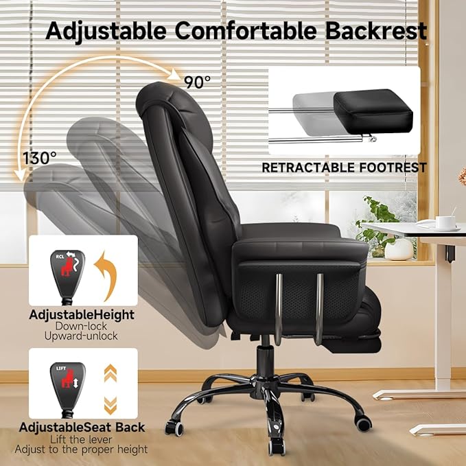 HDHNBA Big and Tall Office Chair 550 lbs Extra Wide Leather Executive Chair with Retractable Footrest, Heavy-Duty Ergonomic Chair, Adjustable Height Computer Gaming Chairs
