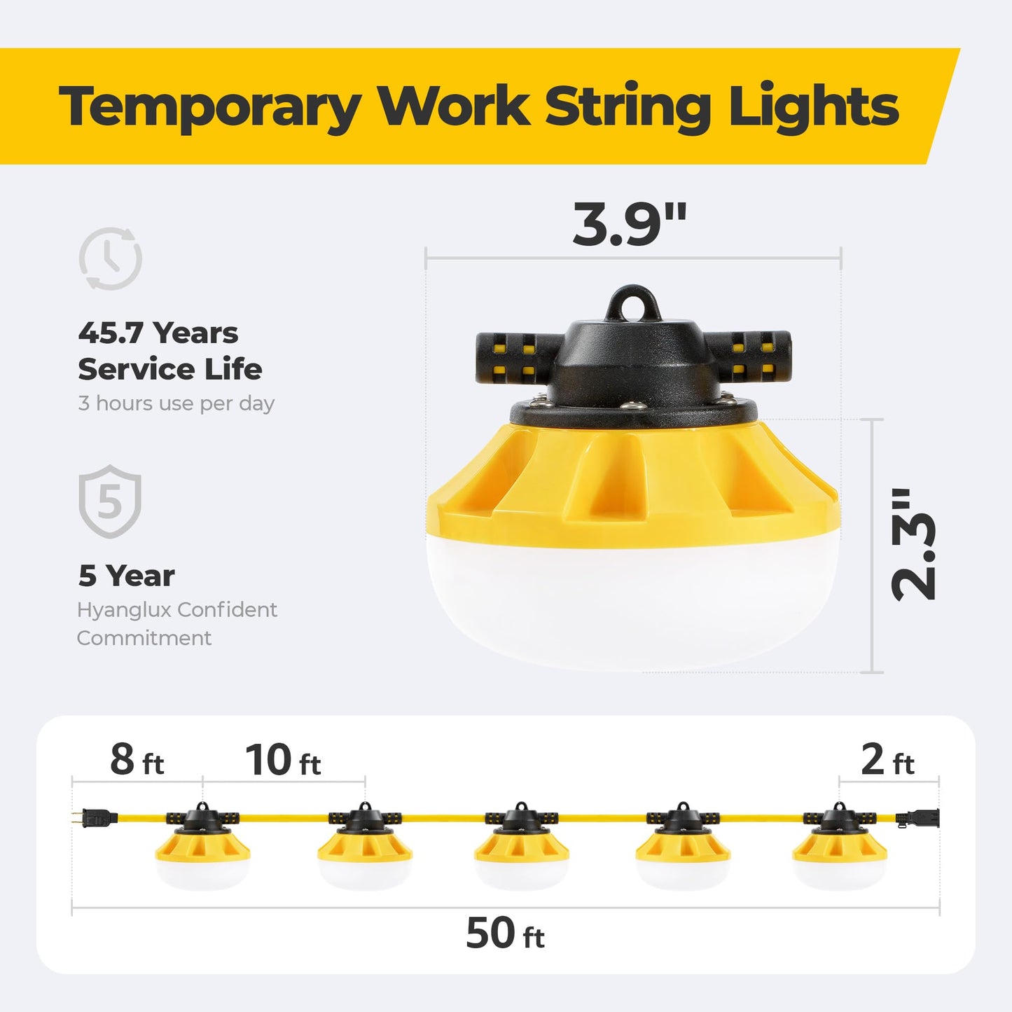 HYANGLUX 50FT Construction String Lights: 50w 5500lm ETL Certified Bright Industrial Outdoor Temporary Lighting Led Hanging IP65 Waterproof 18AWG Wire Work Light for Attic Jobsite Garage