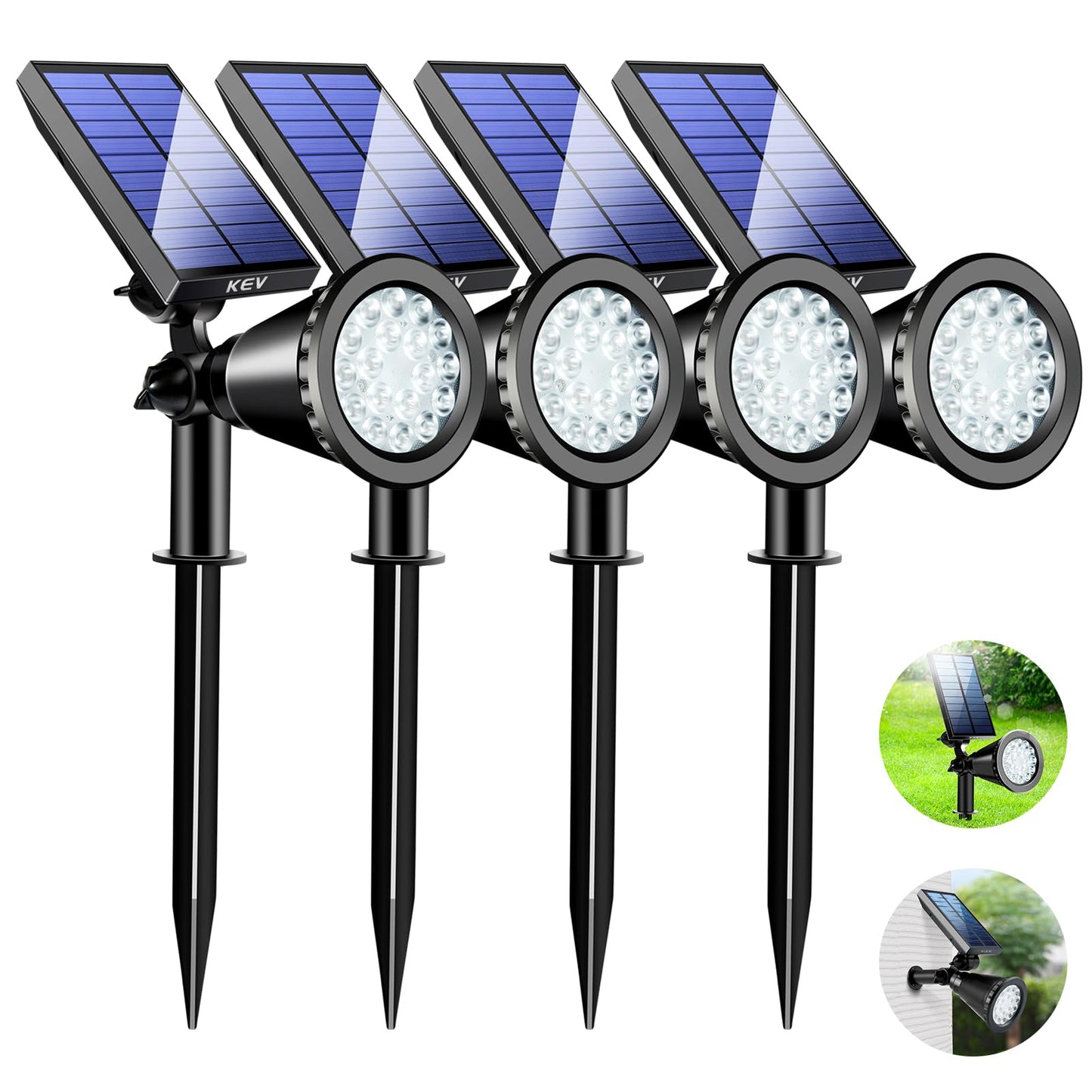 KEV 800 Lumens Solar Spot Lights Outdoor,18 LEDs Solar Flood Lights with 2 Modes &Adjustable &IPX65 Waterproof,Solar Spotlight for Driveway/Backyard/Patio Landscape/Tree/Garage(Cool White, 4 Pack)