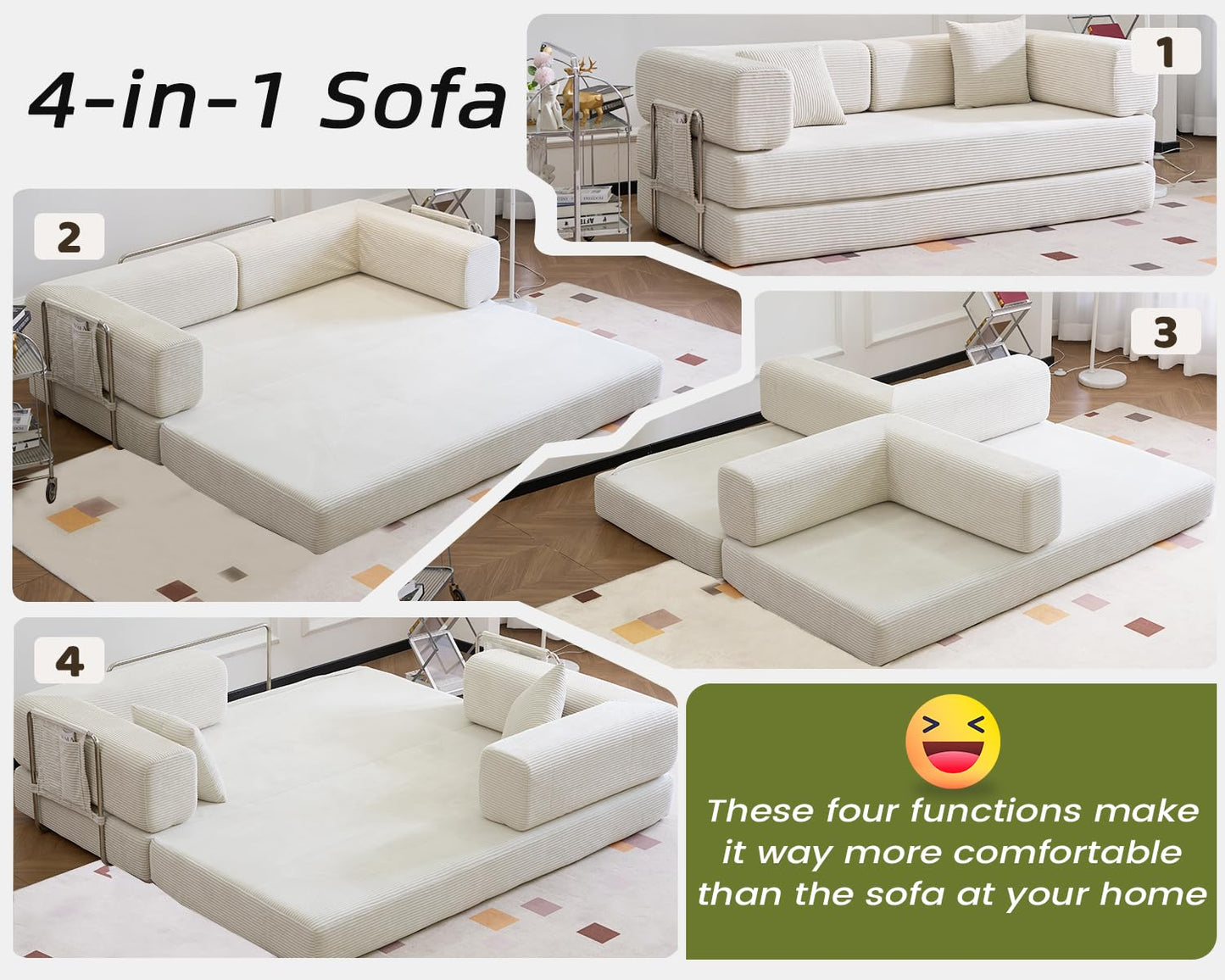 GEARIVY Folding Sofa Bed Convertable Corduroy Couch King Size Floor Sleeper 4-in-1 DIY Combination Modular Sofa Fold Out Futon Lounge Comfy Foldable Lazy cama for Living Room (Beige, 80.15'')