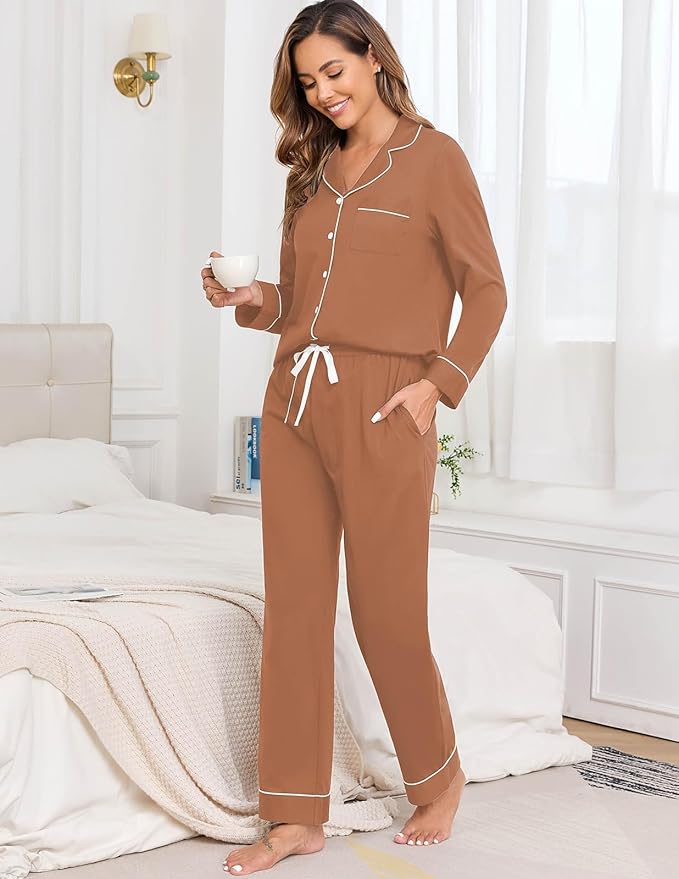 Veseacky 100% Cotton Pajamas for Women Set Long Sleeve Button Down Sleepwear Soft Pjs Lounge Sets with Pockets XS-XXL
