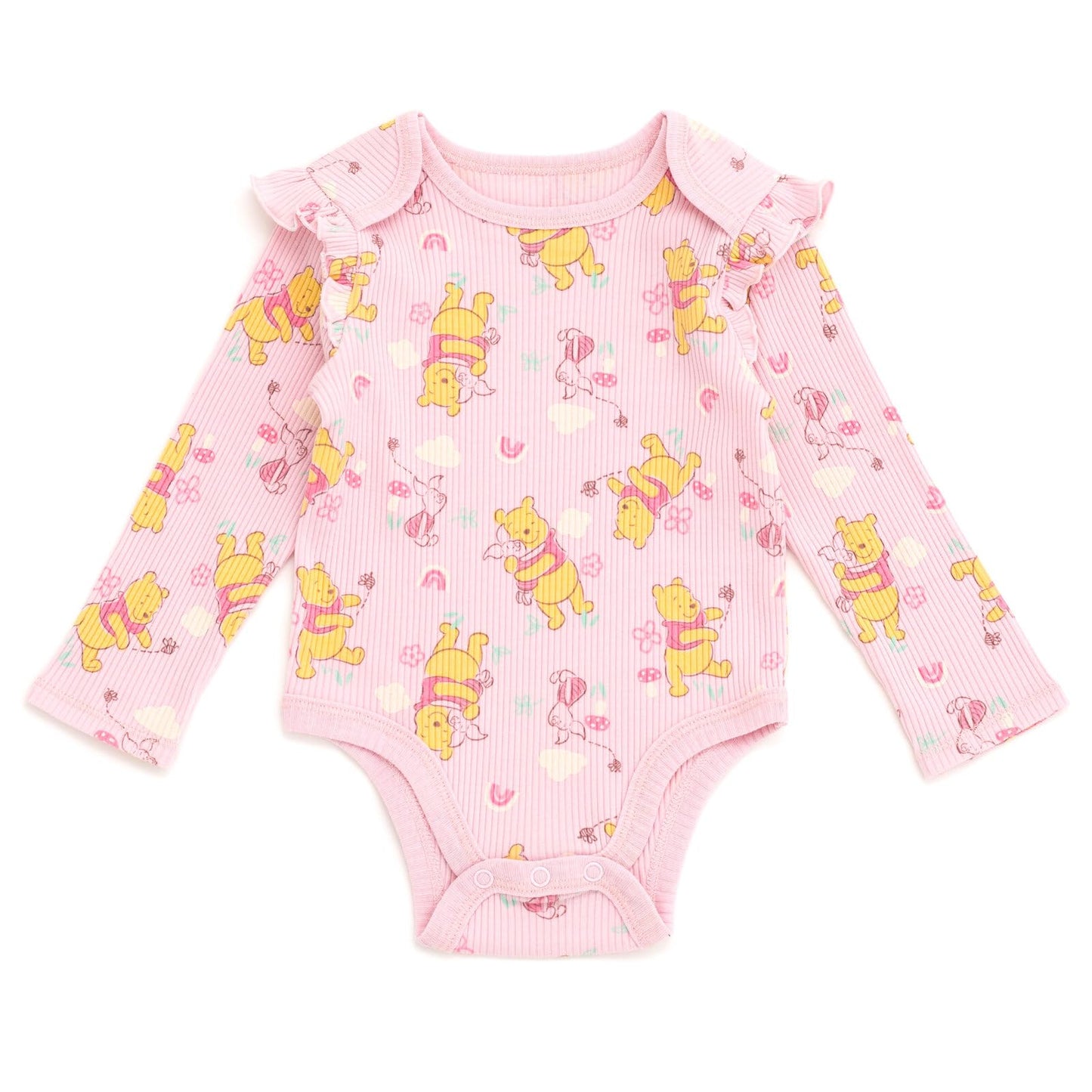 Disney Winnie the Pooh Newborn Baby Girls Ribbed Bodysuit, Jogger Pants and Headband 3 Piece Outfit Set Soft Pink 0-3 Months