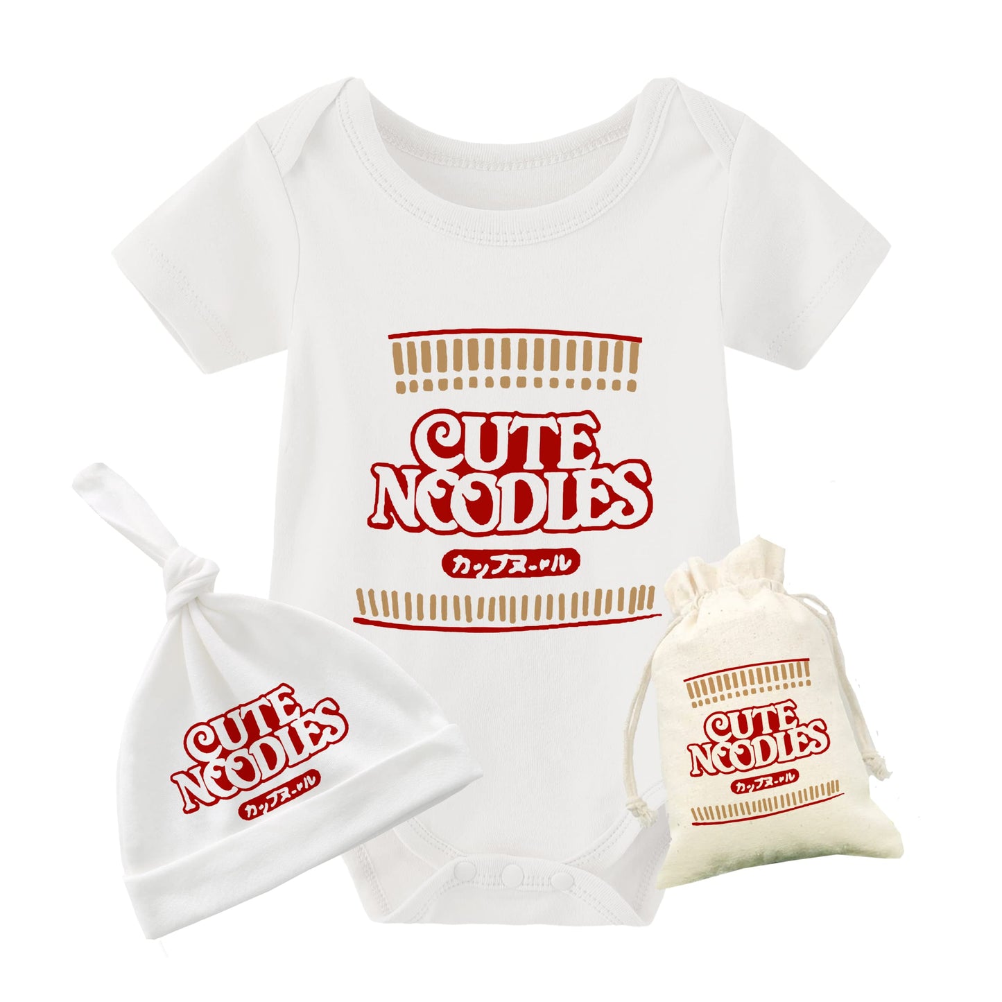 YSCULBUTOL Baby Twins Bodysuit Funny Ramen Outfit Noodle Funny Romper Baby Costume Jumpsuit Hat Bags（White noodle 3M）