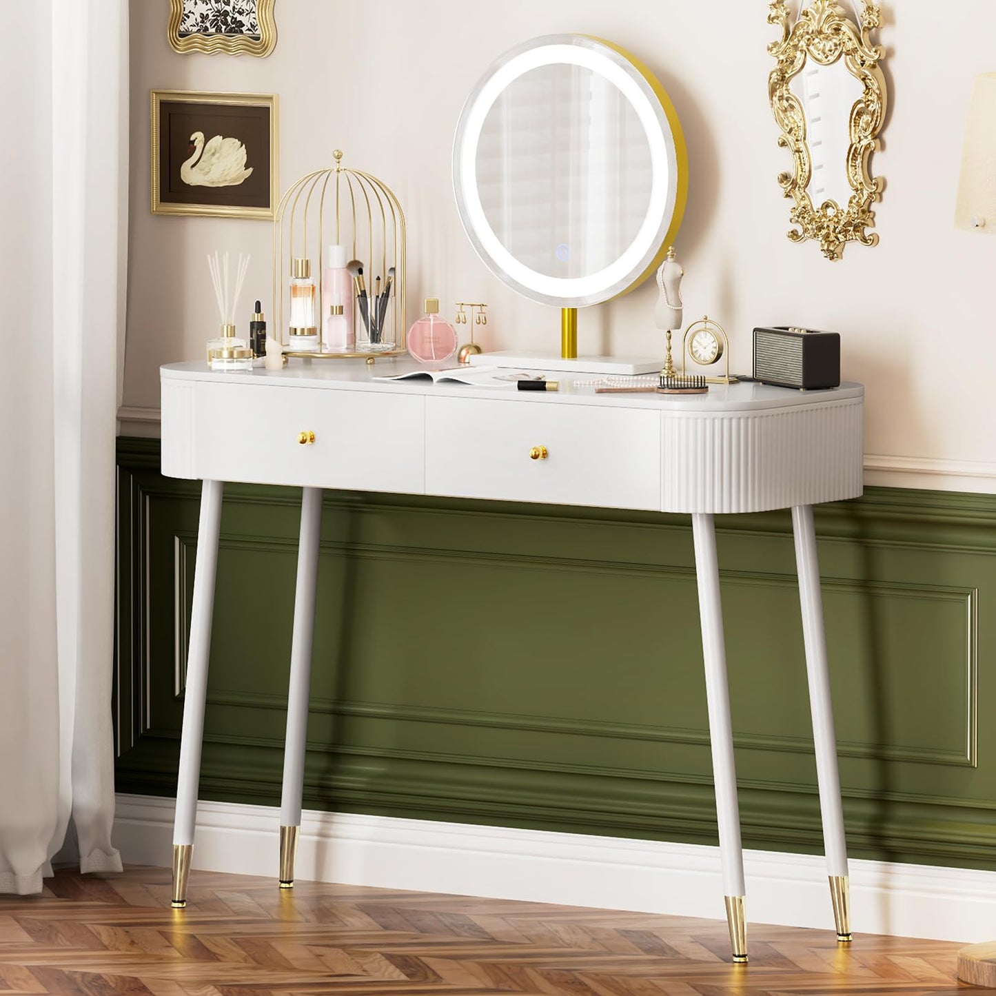 WinZo 40" Vanity Desk with Mirror and Lights, Small Makeup Vanity Table with 2 Storage Drawers and Charging Station, 3 Color Touch Screen Stylish Dressing Table for Small Spaces & Bedroom, White