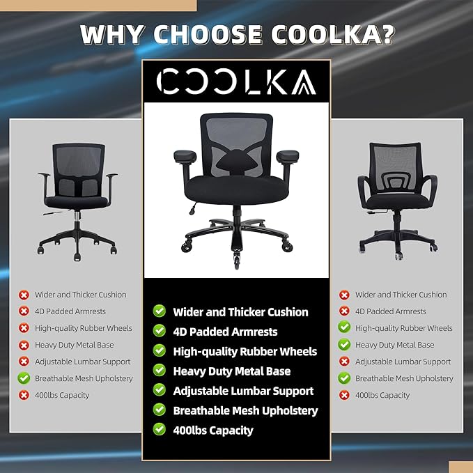 Big and Tall Office Chair 500lbs - Ergonomic Mesh Desk Chair, Heavy Duty Computer Chair-Wide Thick Seat Cushion, Adjustable Lumbar Support, Metal Base, Rubber Wheels, 4D Armrests, Black