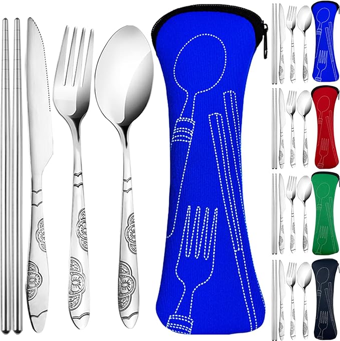 20PCS Premium Travel Utensils With Case, Stainless Steel Reusable Portable Utensils Set With Case, Lengnoyp Travel Silverw...