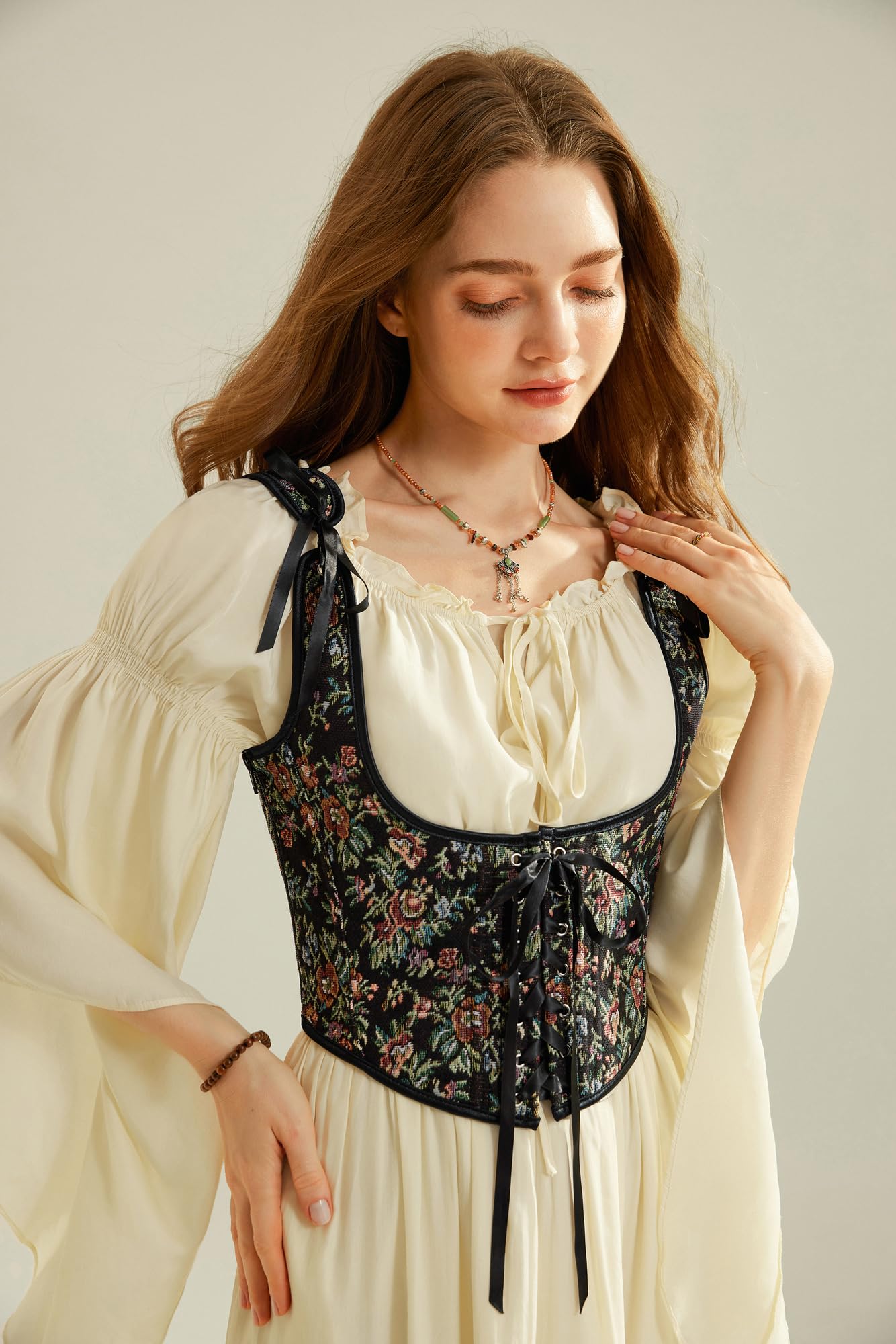 Scarlet Darkness Women's Renaissance Corset Belt Boned Underbust Corset Tops Black Multi Floral Size 14