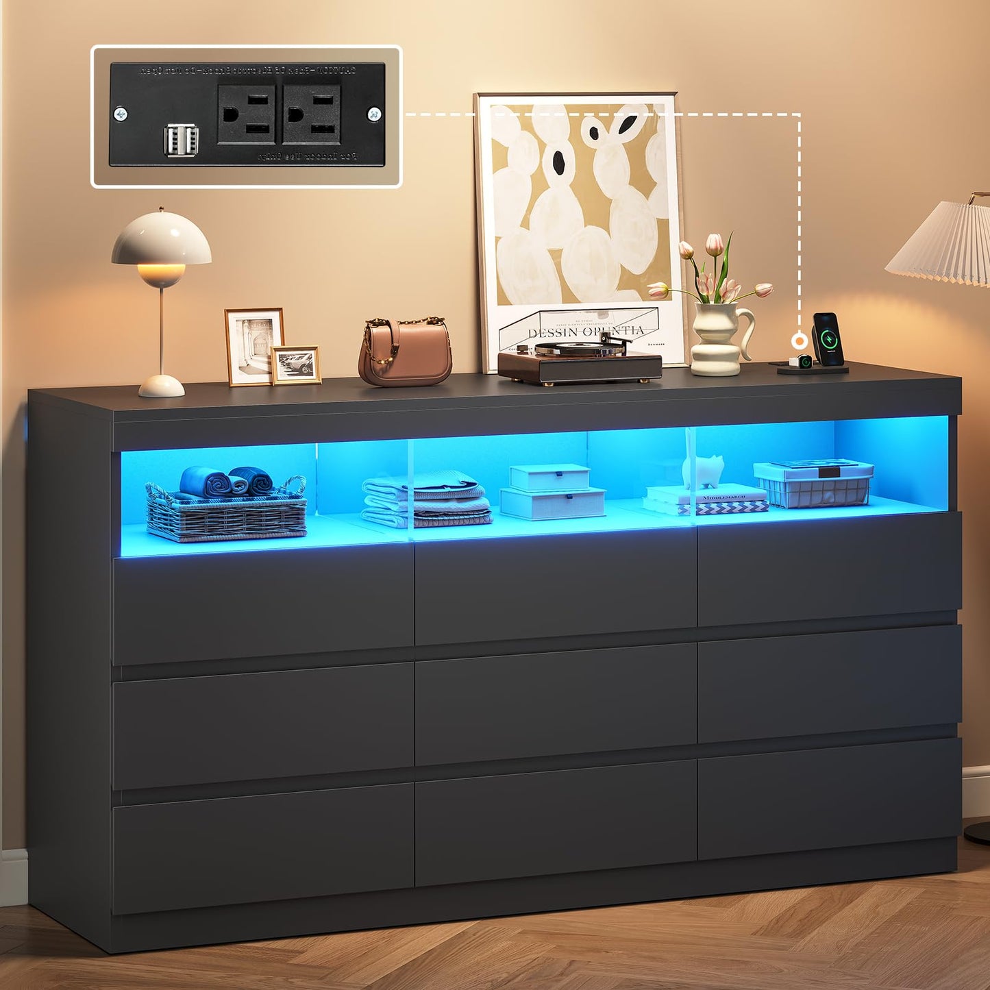 BTHFST 9 Drawer Dresser Chest of Drawers with RGB Lights, Power Outlet & Open Shelves, 56.7" W Wood Bedroom Dresser, No-Handle for Living Room Entryway, Black