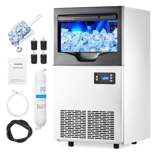 Commercial Ice Maker Machine 100lbs/24H | Stainless Steel Freestanding Ice Machine with 30lbs Storage Capacity, Ideal for Home, Bar, School & Office