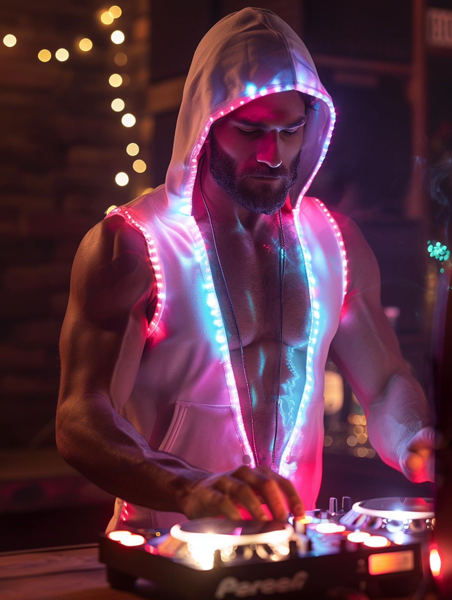 Men's White Hooded Tank LED Light Up Music Player DJ Shirt Disco Outfit Rave Tops Night Club Show for Halloween Dance Party (White, XL)
