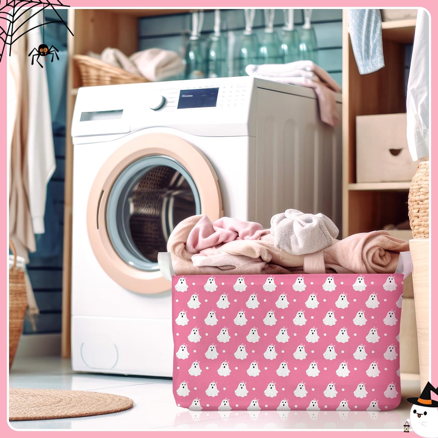 Chunful 4 Pcs Halloween Storage Baskets Pink Ghost Laundry Baskets Pink Hamper Foldable Storage Bins with Handle Collapsible Organizer for Home Closet Office Bedroom
