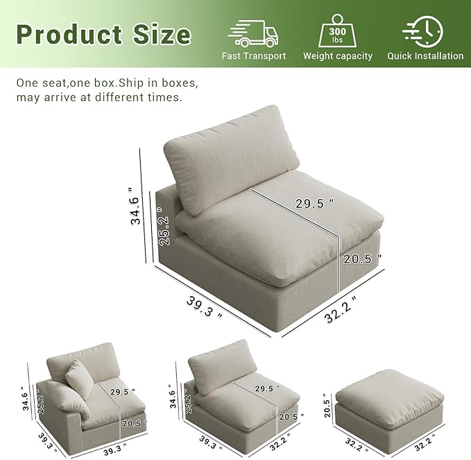 Intuition Decor Modular Sectional Sofa,1-Seater Extra Comfty Deep-Seat-Filled Couch,Modern Couches for Living Room, Apartment,Office,Small Space