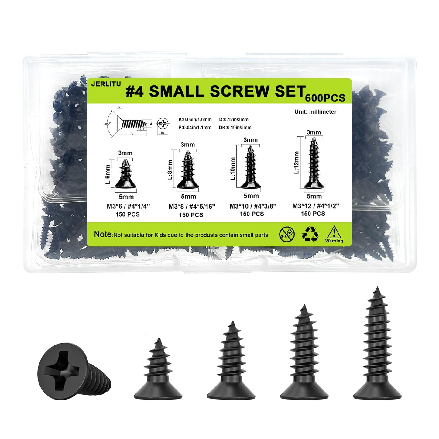 Small Wood Screws Assortment Kit - 600pcs M3 Black Wood Screws (6/8/10/12mm) - Short, Cabinet & Tiny Screws for Electronics, DIY & Micro Woodworking