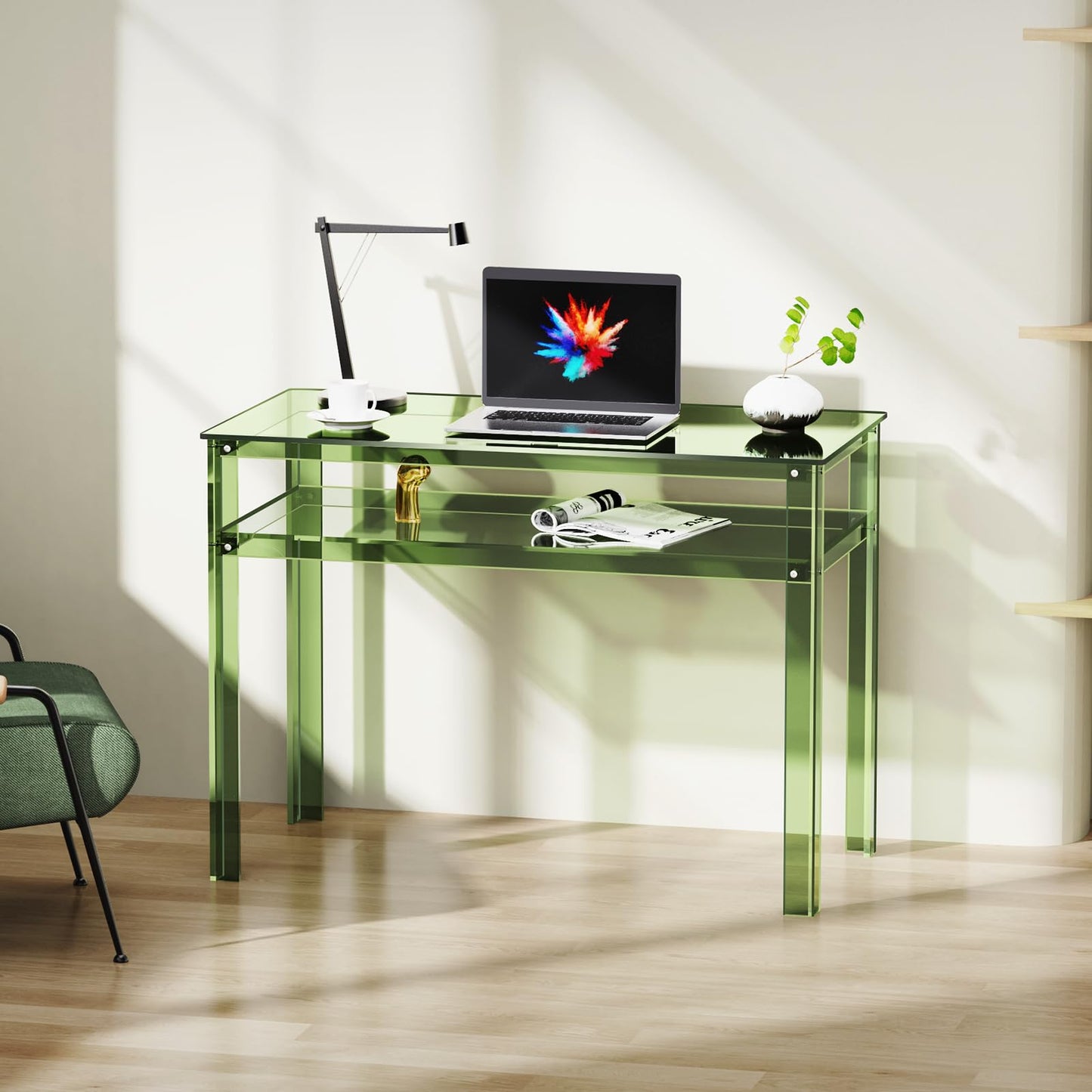 solaround Clear Acrylic Desk with Open Storage, Home Office Computer Writing Desk Office Study Table (Green, 39.4'' x 19.7'' x 29.5'')