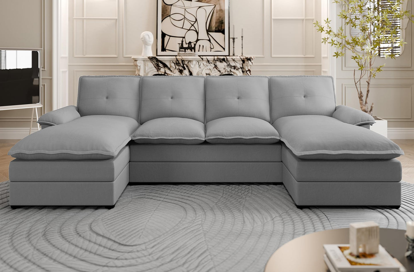 U Shaped Sectional Couch for Living Room,110" 4-Seater Comfy Couch with Double Chaise,Deep Seat Modular Sofa Couches with Thick Cushion & Soft Backrest,Light Grey