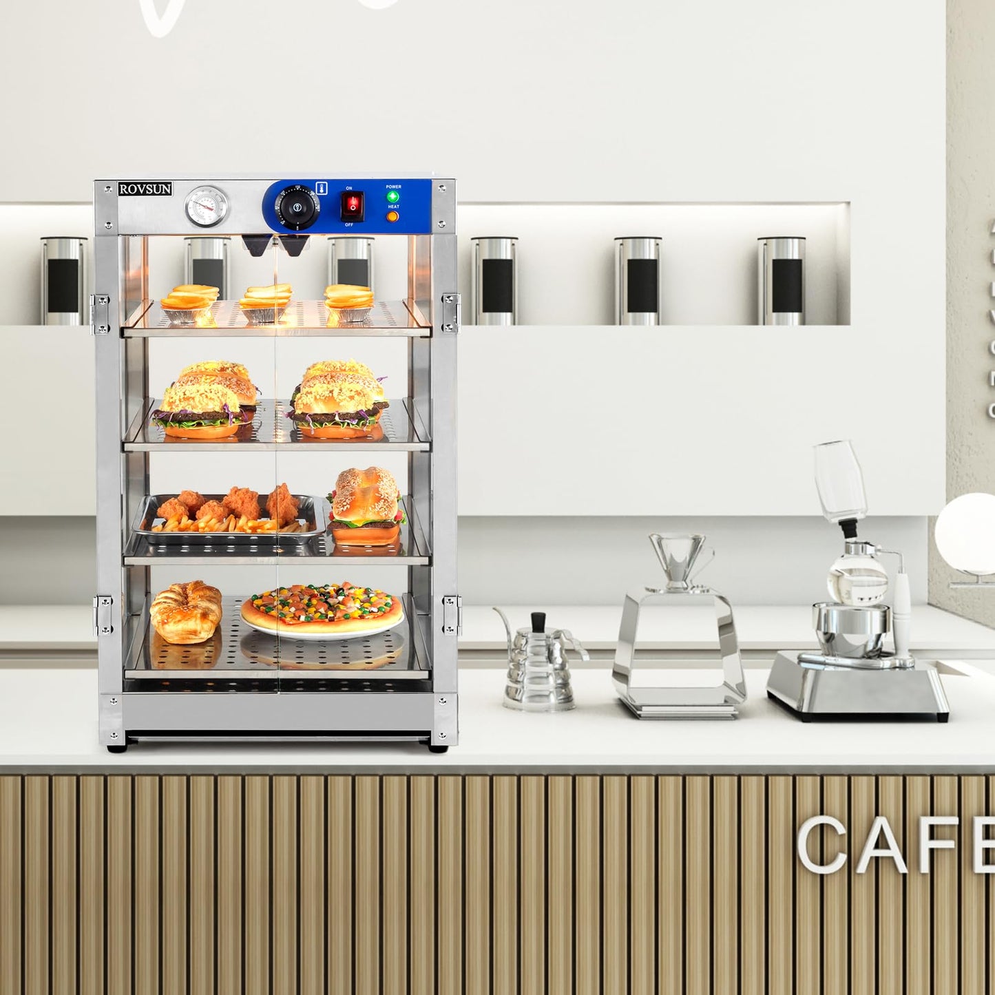 ROVSUN 4-Tier Commercial Food Warmer Pizza Warmer Countertop, Food Warmer Display with LED Lighting Removable Shelves Glass Door, Pretzel Warmer for Buffet Restaurant Cafe, 110V 800W