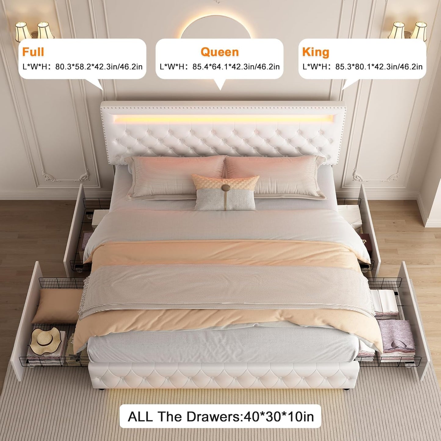 GEGOFORU Queen LED Bed Frame with 4 Storage Drawers, Adjustable LED Headboard, Remote & App Control Lights, Plush Upholstered Platform with Silver Nailhead Trim, No Box Spring Needed - White