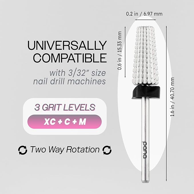 PANA Nail Carbide 5 in 1 Bit - Two Way Rotate use for Both Left and Right Handed - Fast remove Acrylic or Hard Gel - 3/32" Shank - Manicure, Nail Art, Drill Machine (Extra Coarse - XC, Silver)
