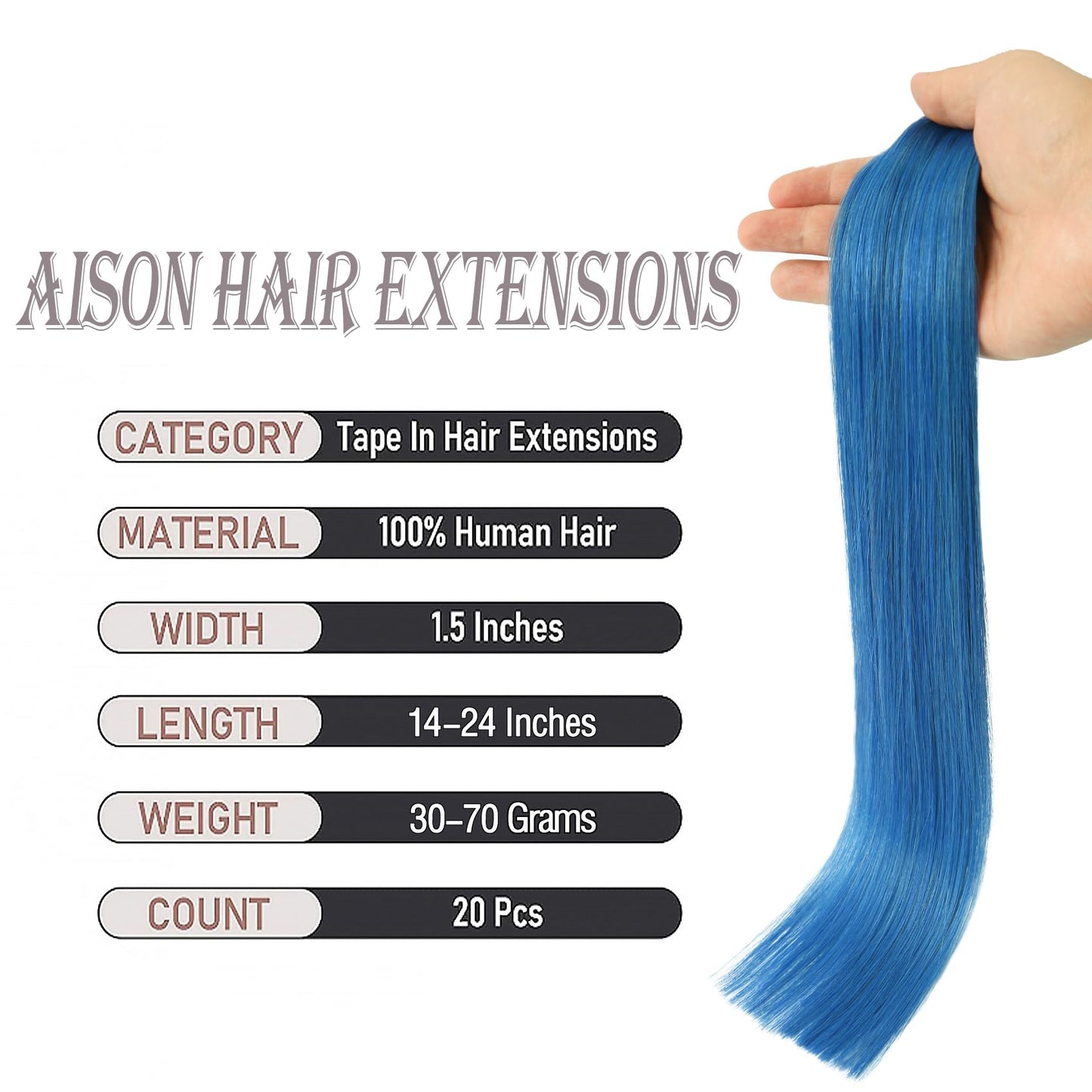 Aison Tape in Hair Extensions 22 Inch Human Hair #Blue 20 Pcs Silky Straight