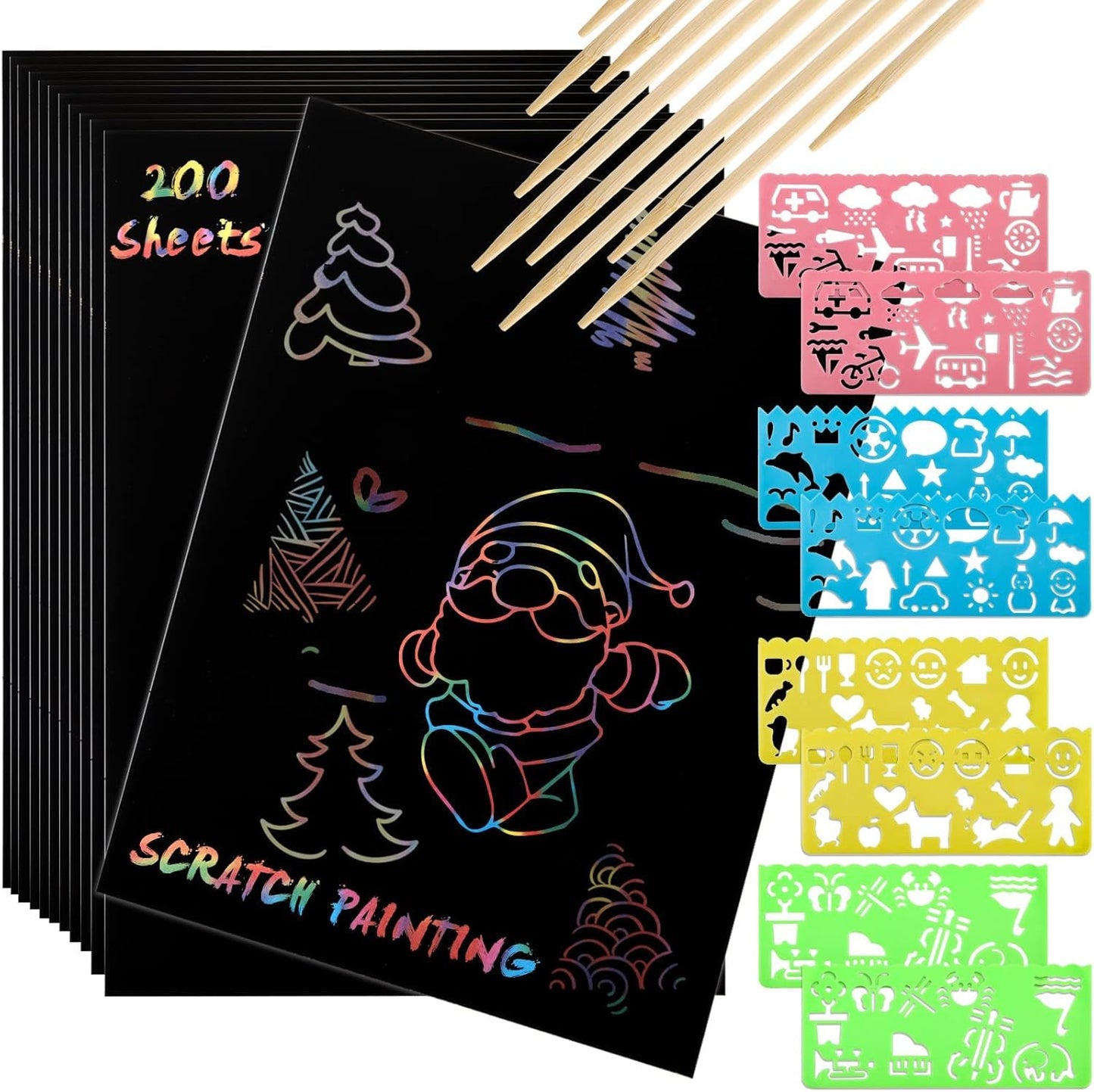 ZEAYEA 200 Pcs Scratch Paper Art Set, Scratch Off Magic Paper with 10 Stylus, 8 Stencils, Black Scratch Notes for Boys and Girls DIY Crafts Christmas Birthday Gift Cards