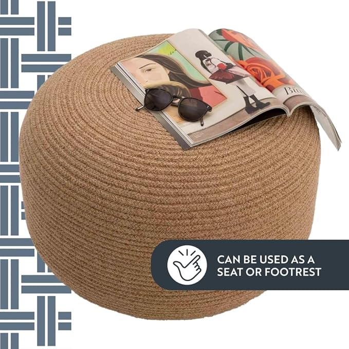 Dekorist Round Ottoman Pouf Footstool Jute Pouffe Stool Seat Cushion Boho Home Decor Extra Seating Pouffe for Living Room, Bedroom, Indoor, 21x21x12 inch, Natural