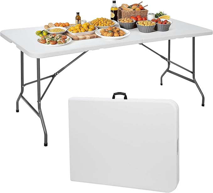 ZenStyle 6 ft Indoor Outdoor Heavy Duty Plastic Folding Table Portable Picnic Table Fold-in-Half Utility Table w/Handle an...