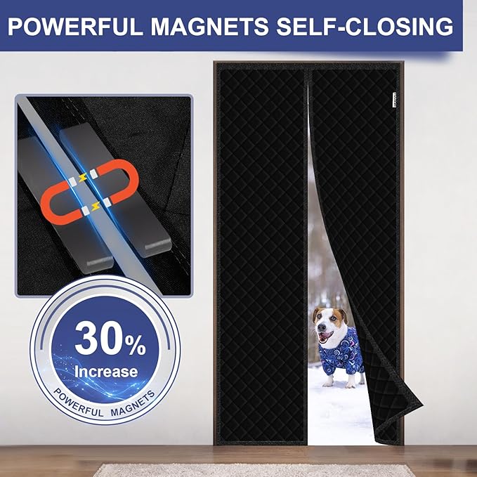 Magnetic Thermal Insulated Door Curtain Fit Door Size 32" x 80", Quilted Oxford Fabric Thicken Cotton Fill, Winter Door Cover Keep Cold Draft Out, Blanket Insulation for Front Patio Doors Black
