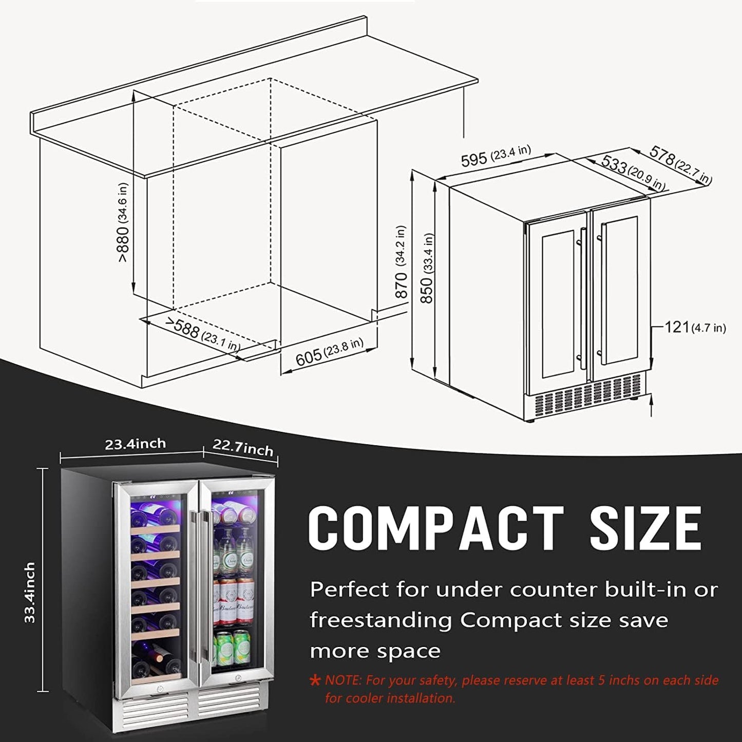 Antarctic Star Wine Fridge,15 Inch Wine Cooler Refrigerator Under Counter(41-68°F),28 Bottles Built-in Dual Zone &Freestanding Wine Refrigerator with Stainless Steel & Double-Layer Tempered Glass Door
