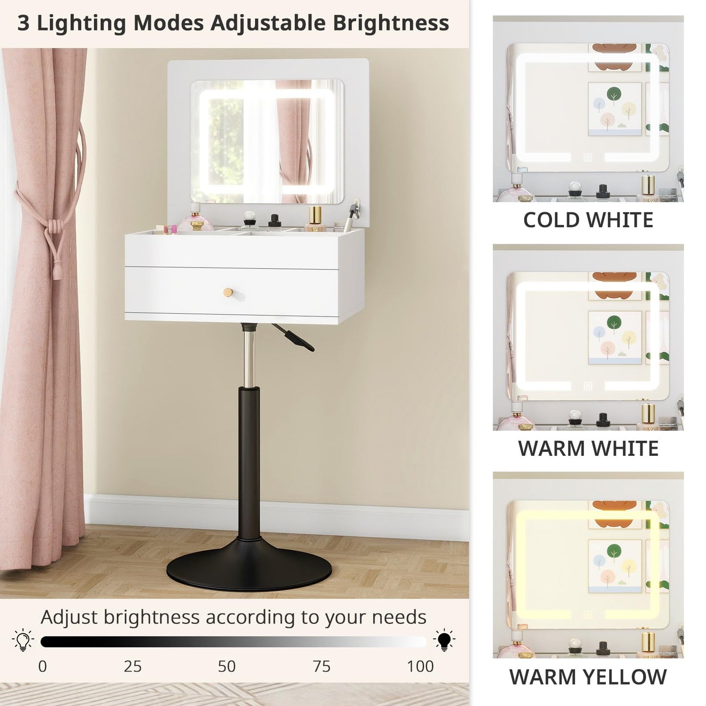 ARTETHYS Small Vanity Desk with Adjustable Height Rotating 3 in 1 Flip Top Makeup Vanity with Mirror and Lights Mini Corner White Dressing Table for Bedroom