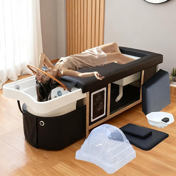 Head Spa Bed, Massage Table with Footbath, Japanese Head/Feet SPA Equipment, Professional Massage Shampoo Bed with Foot Bath Basin, Water Circulation System, for Spa Beauty Salon Barber (B)
