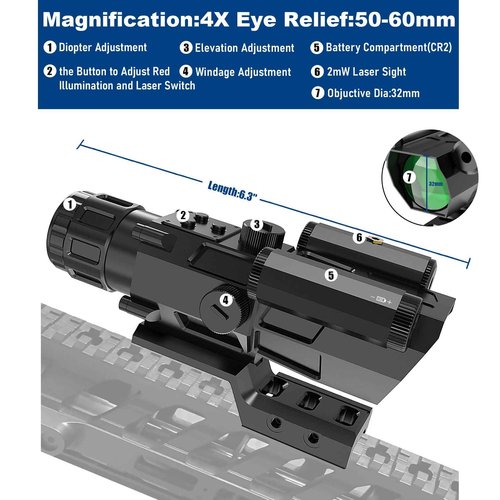 UUQ 4X32 Prism Optics Rifle Scope with Red Laser,Red Illuminated Reticle,Upgraded Buttons,and Glass Etched Reticle 4X Magnification-Fits 20mm Free Mounts (Red Laser Above)