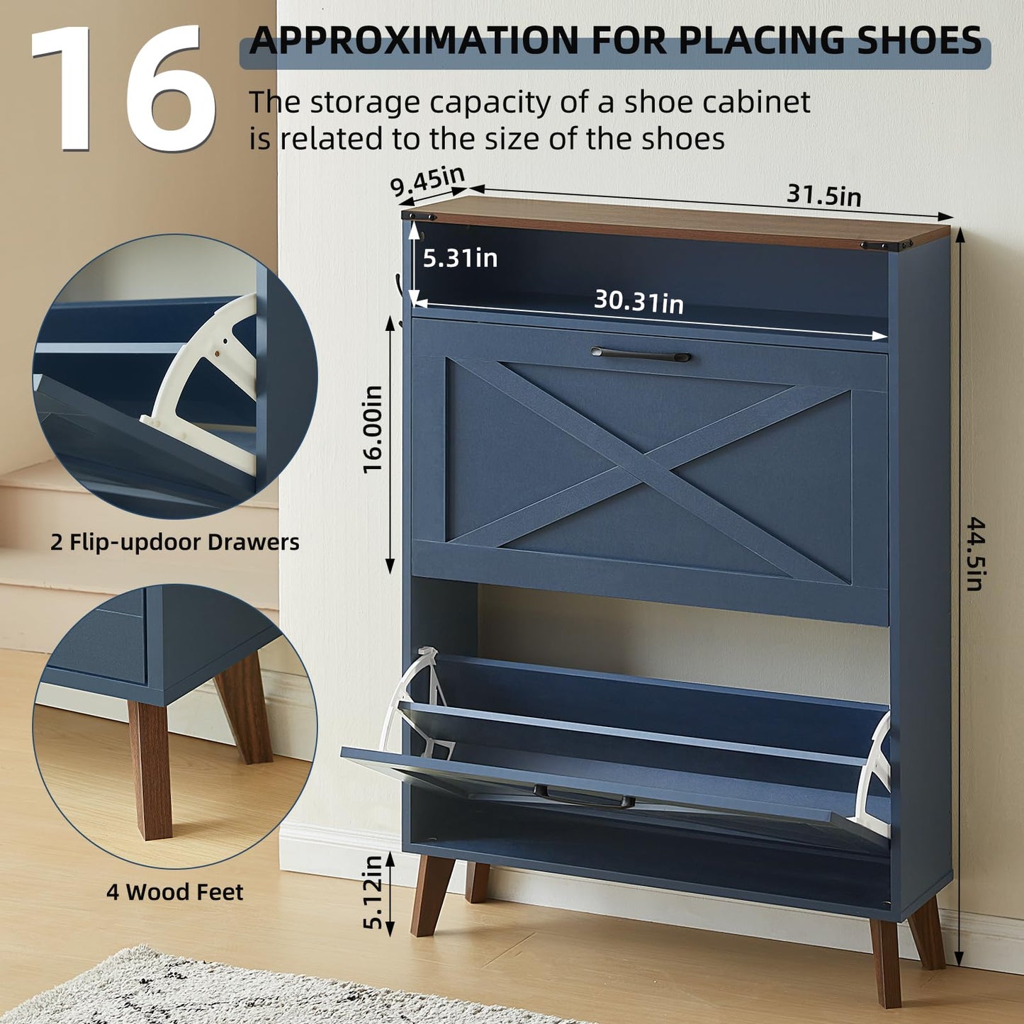 Joaxswe Shoe Storage Cabinet with 2 Flip Drawers, Farmhouse Shoe Organizer for Entryways, Narrow Hidden Rack & Open Storage, Free Standing Closet for Foyers, Hallways, Navy Blue
