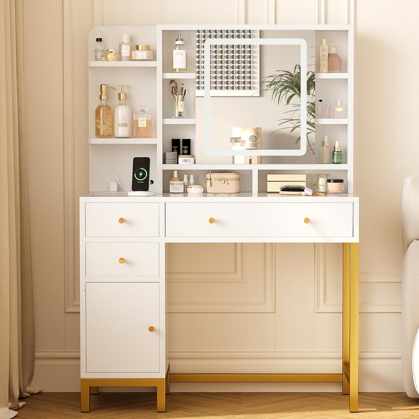 Garvee White Vanity Desk with Mirror and Lights, Glass Top Makeup Vanity White and Gold Dressing Table with Charging Station Large Vanity Desk with 3 Drawers, 3 Color Lighting Modes for Women Girl