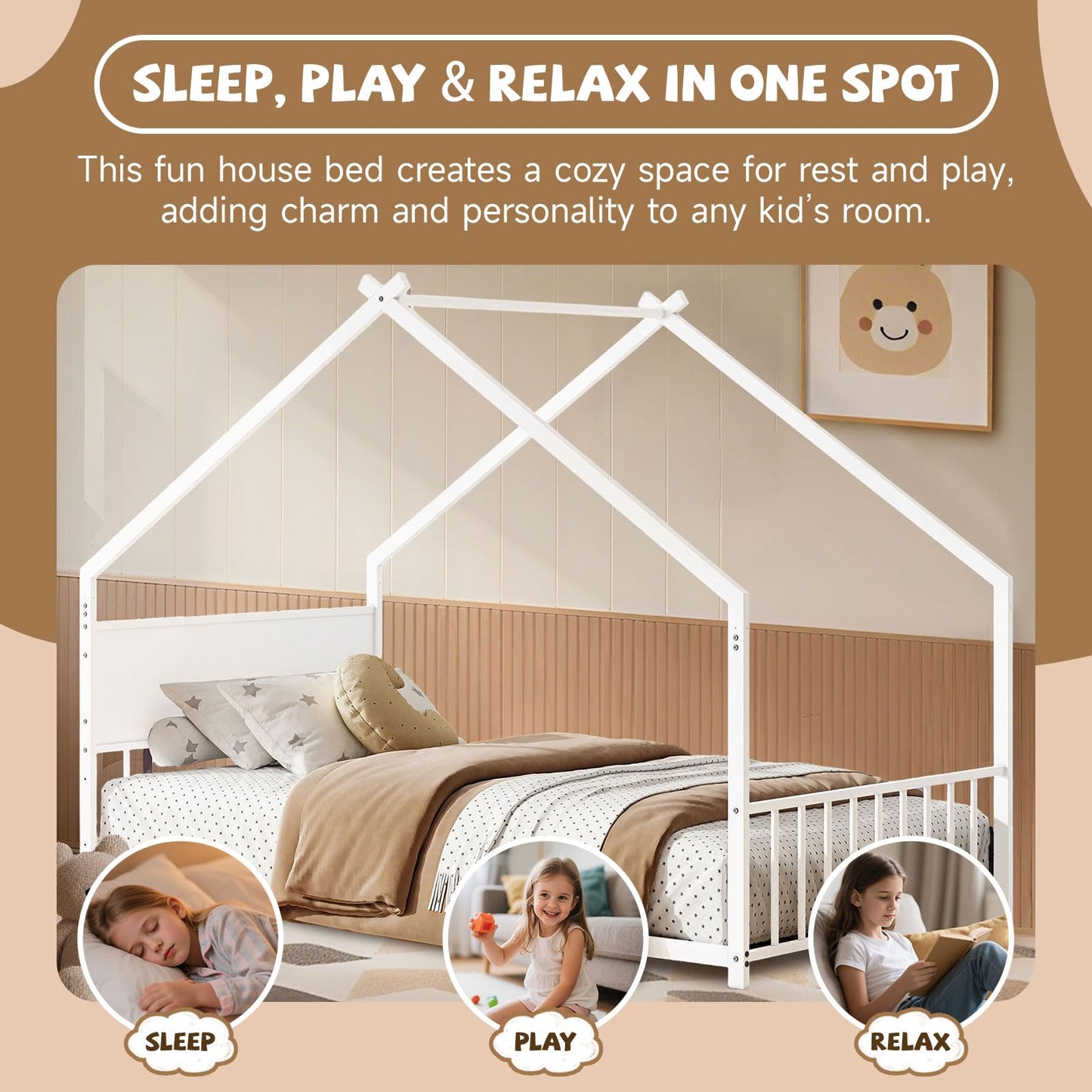 Osparple Twin Size Toddler Floor Bed with LED Light, Metal Montessori Bed Frame, Metal House Bed, Playhouse Floor Bed, Platform Bedframe with Headboard, Footboard and Slats Support for Boys and Girls