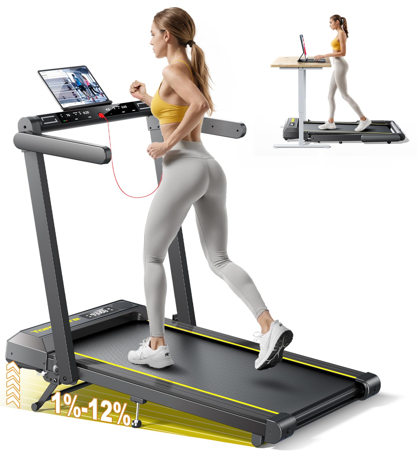 TOPUTURE Walking Pad Treadmill with 12% Incline and Handle Bar, 4 in 1 Folding Treadmill for Home/Office, Under Desk Treadmills Portable Walking Pad with App & Bluetooth Speaker, 0.6-10MPH