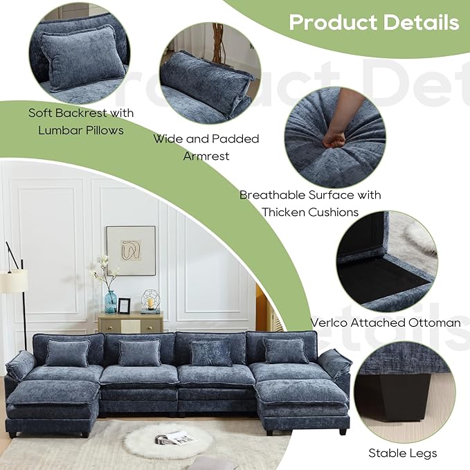 Oprisen 154" Modular Sectional Sofa, Comfy Cloud Couch Sectional Sofa with Ottoman, Chenille Sofa Sleeper Deep Seat Sofa with Throw Pillows for Living Room (Blue, 154"- U Shape)