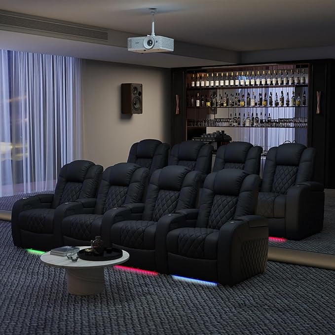 Weilianda Home Theater Seating Top Grain Leather Zero Gravity Recliner Chair Power Headrest Recline Movie Seat Gaming 7 Colors Mood Light Sofa with Tray Table USB Charge Row of 5 Black